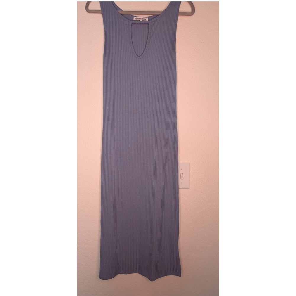 Reformation Blue Ribbed Bodycon Maxi Dress L Chic Vacation Beach Travel Slit ***